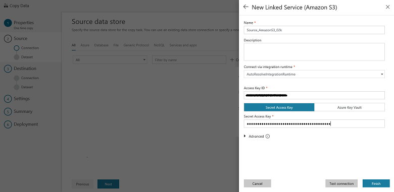 Screenshot shows the New Linked Service pane where you can enter values.