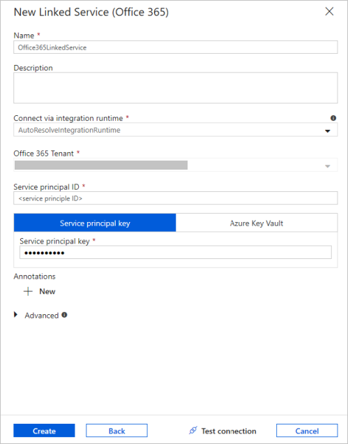 New Microsoft 365 (Office 365) linked service.