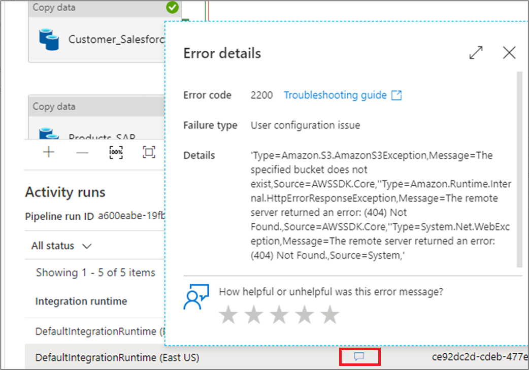 Screenshot of a notification with error details including error code, failure type, and error details.