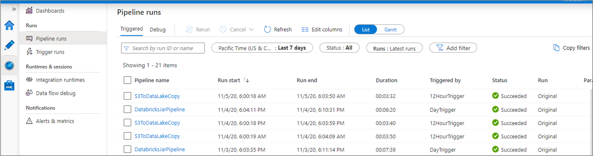 Screenshot of list view for monitoring pipeline runs.