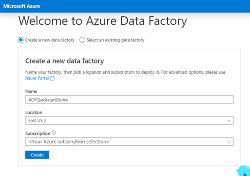 Shows a screenshot of the Azure Data Factory Studio page to create a new data factory.