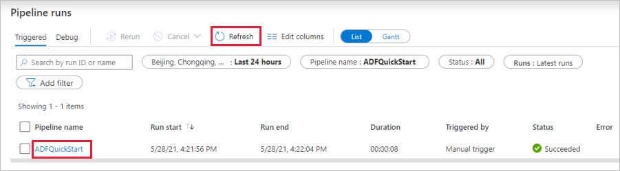 Screenshot that shows the refresh pipeline button.