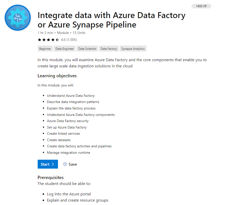 Screenshot showing the Integrate data with Azure Data Factory module start page.