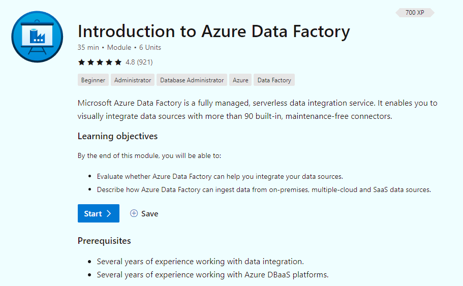 Screenshot showing the Introduction to Azure Data Factory module start page.