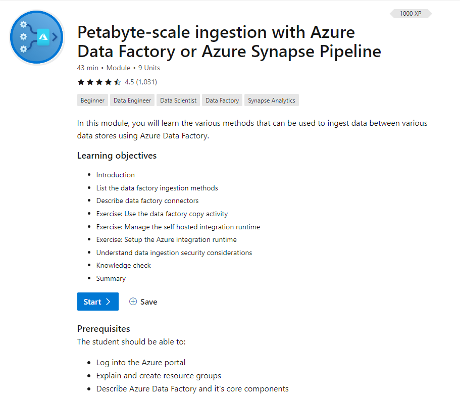 Screenshot showing the Petabyte-scale ingestion with Azure Data Factory module start page.