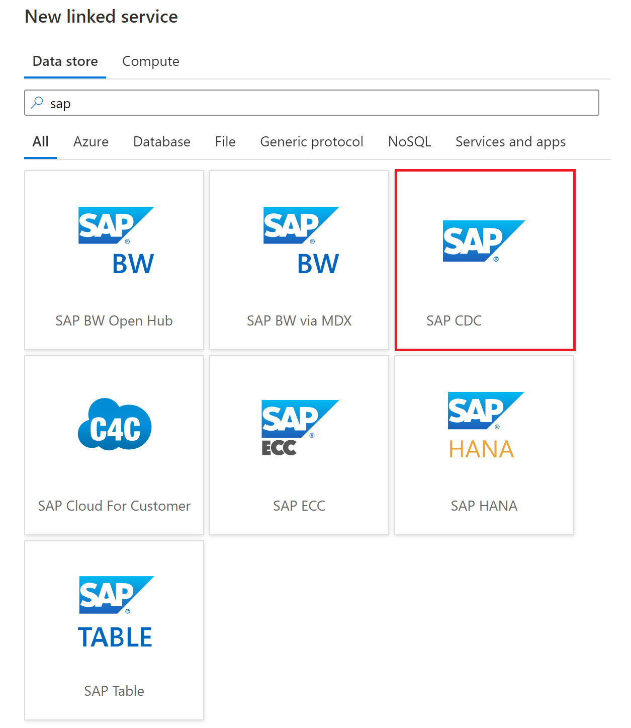 Screenshot of the linked service source selection, with SAP CDC selected.