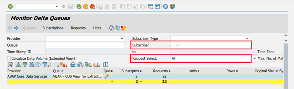 Screenshot of the SAP ODQMON tool with all data extractions for a specific subscriber.