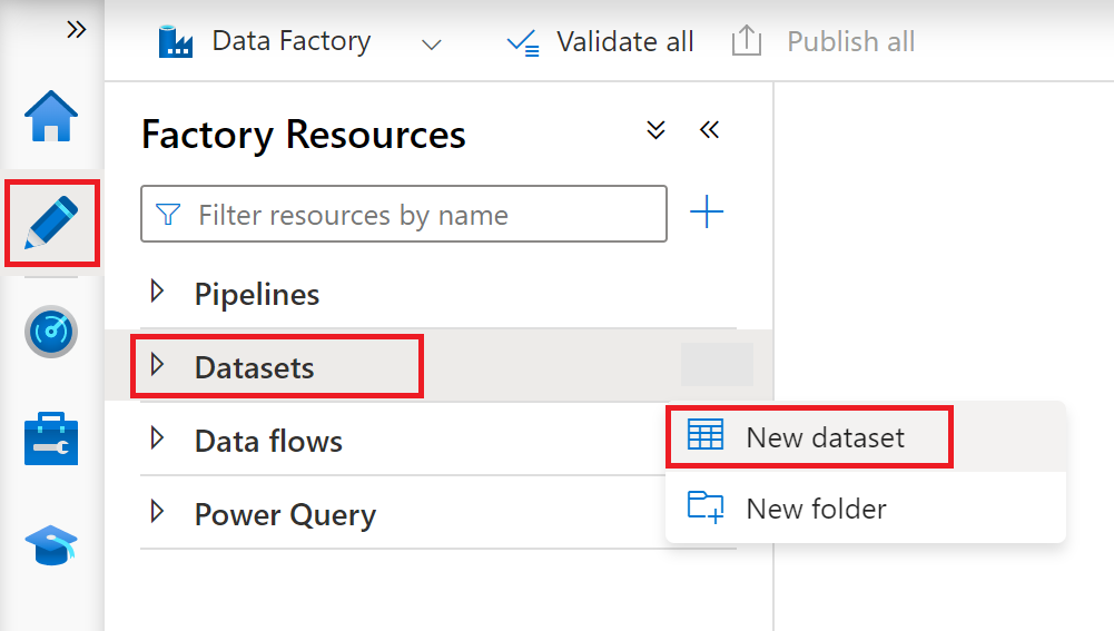 Screenshot that shows creating a new pipeline in the Data Factory Studio Author hub.