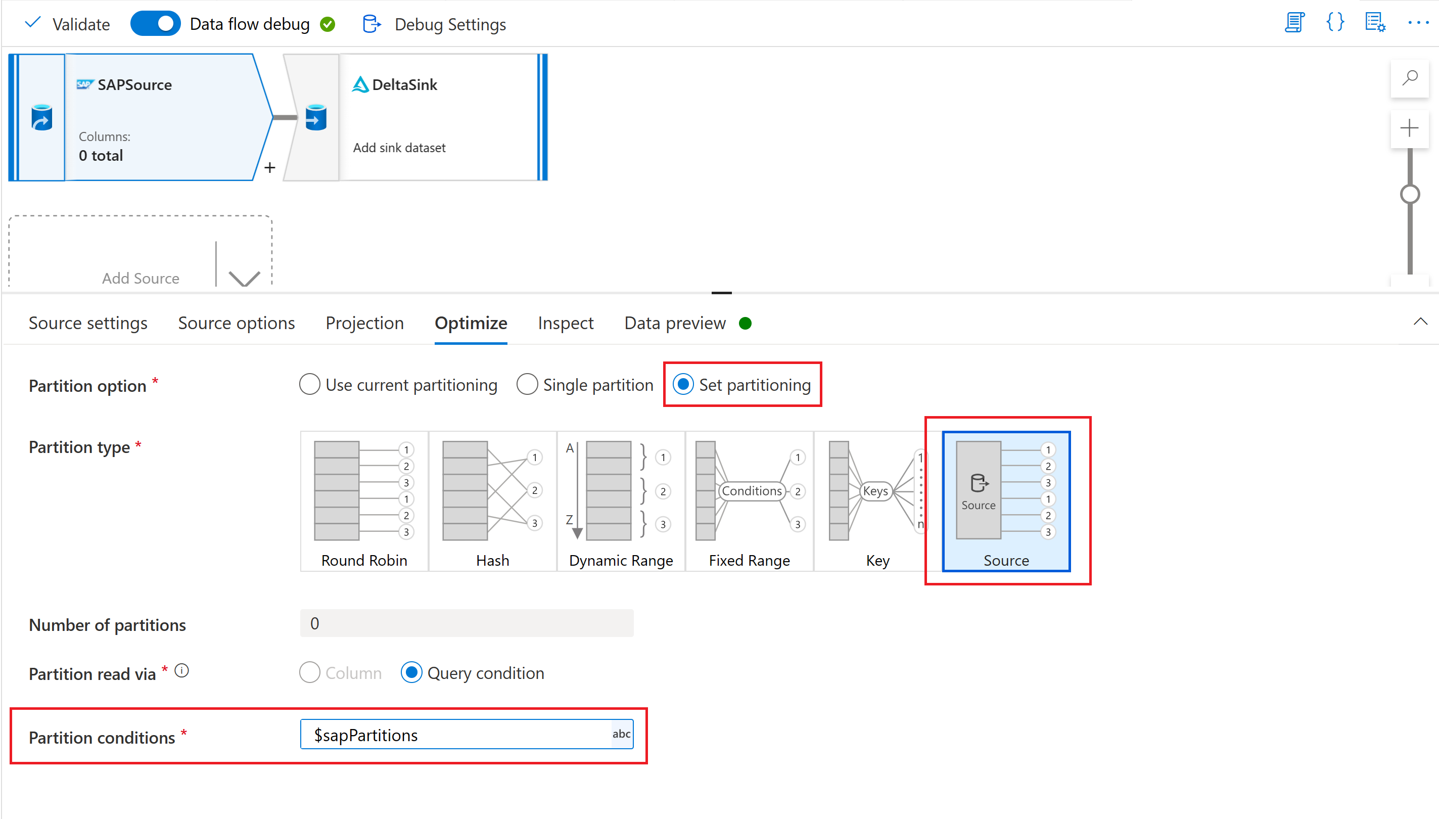 Screenshot showing how to use the partitioning parameter in the optimize tab of the source transformation.