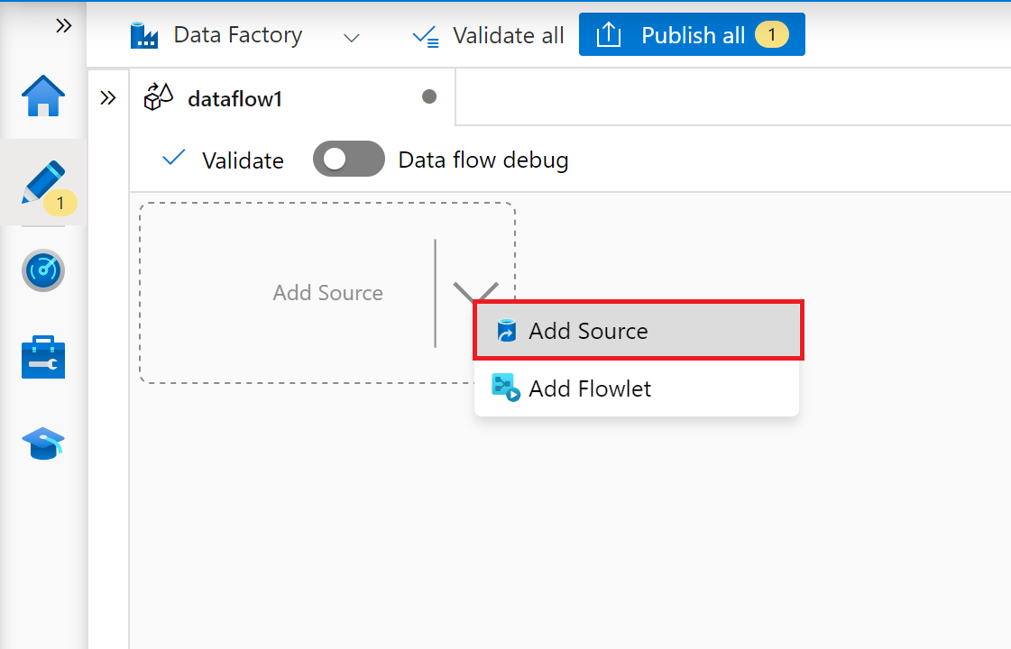 Screenshot of add source in mapping data flow.