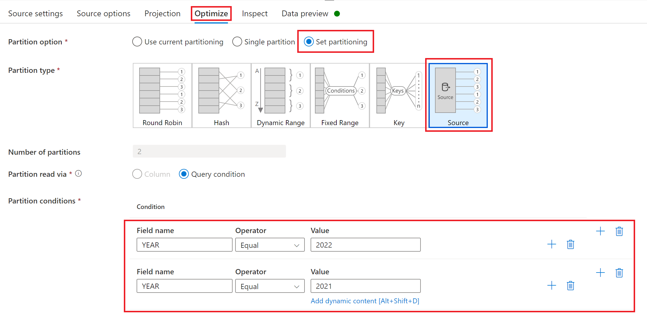 Screenshot of the partitioning options in optimize of mapping data flow source.