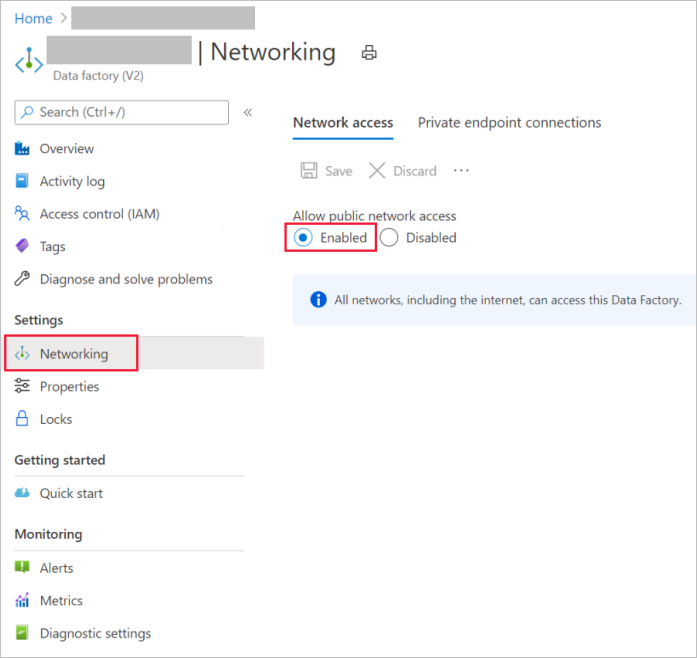 Screenshot of the 'Enabled' control for 'Allow public network access' on the Networking pane.