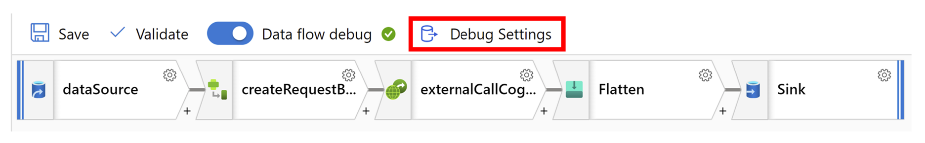 Screenshot of the Debug settings button on the top banner of the screen to the right of debug button.