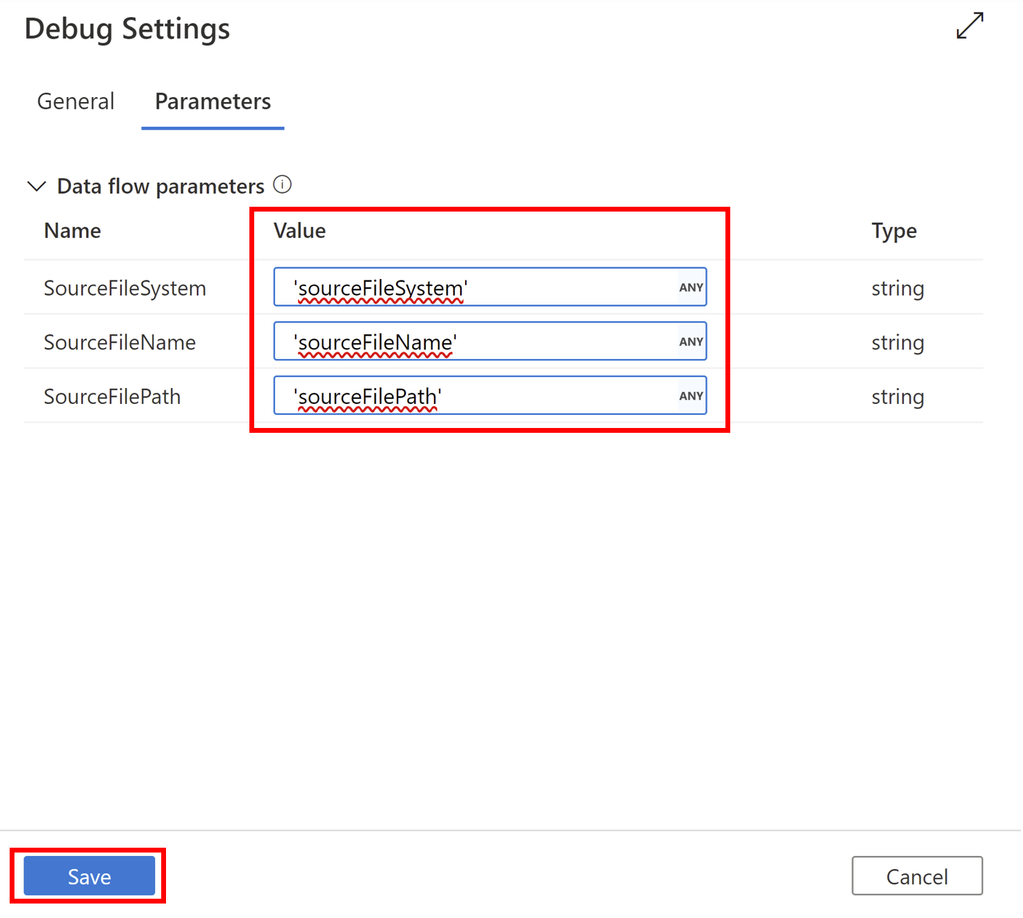 Screenshot of where to update parameters in Debug settings in a panel on the right side of the screen.