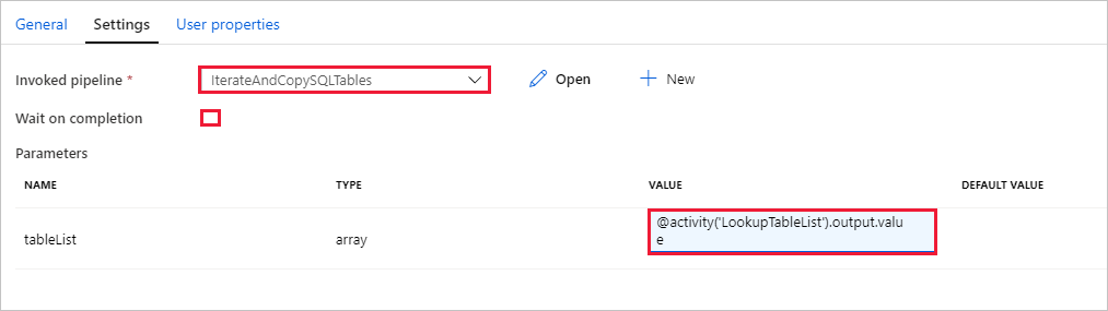 Execute pipeline activity - settings page