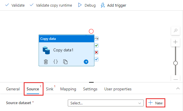 Screenshot that shows how to create a source dataset for the copy activity.