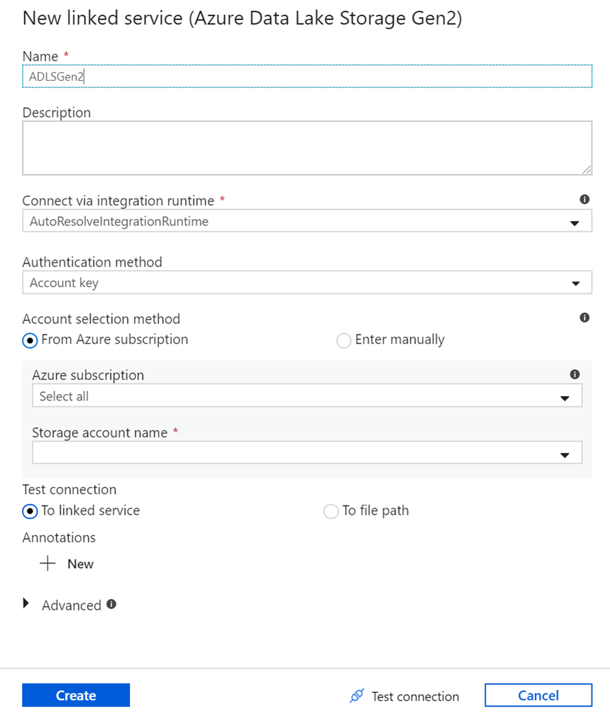 Screenshot of the pane to create a new linked service for Azure Data Lake Storage.