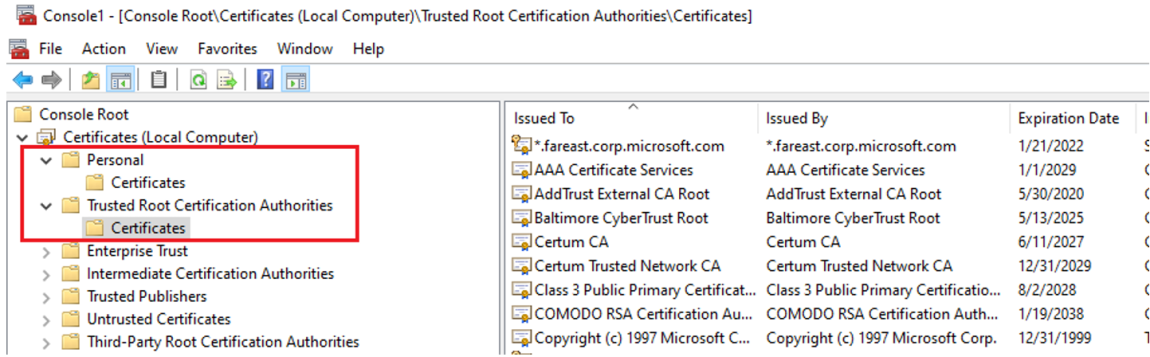 Screenshot that shows the certificate installed in Personal and Trusted Root Certification Authorities store.