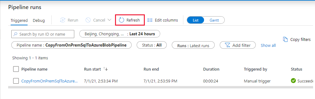 Screenshot that shows the 'Pipeline runs' page.
