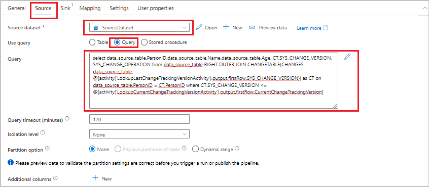 Screenshot that shows a query added to the Source tab in the Properties window.