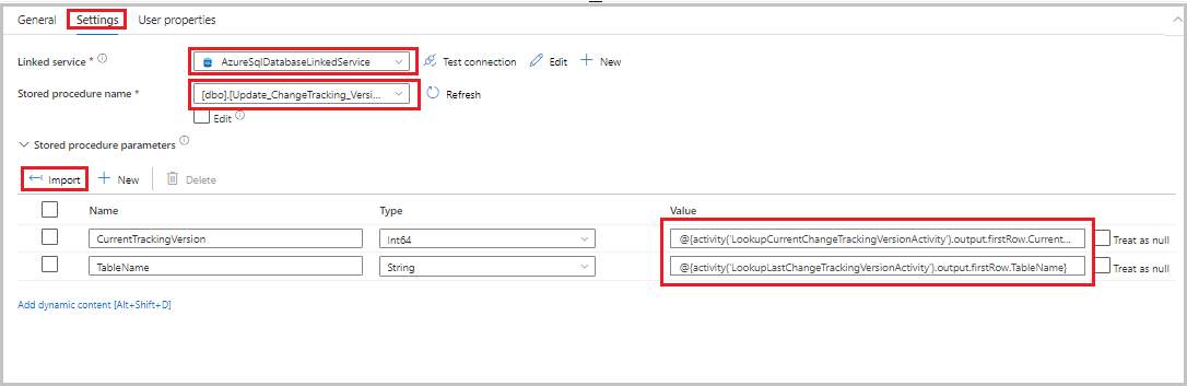 Screenshot that shows setting parameters for the stored procedure activity.