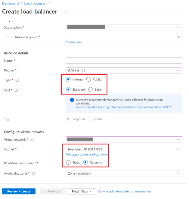 Screenshot that shows the step to create standard load balancer.