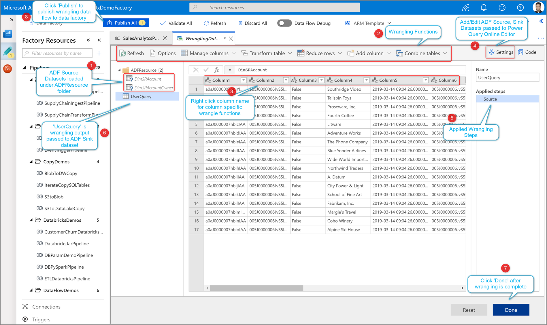 Screenshot that shows the process for authoring your data wrangling Power Query.