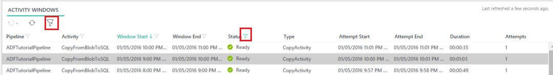 Filter on a column of the Activity Windows list