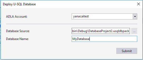 Data Lake Tools for Visual Studio--Deploy U-SQL database project wizard