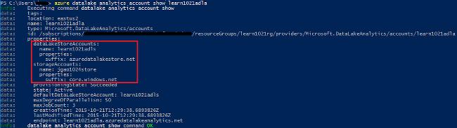 Screenshot that shows Azure C L I with the "dataLakeStoreAccounts:" information highlighted.