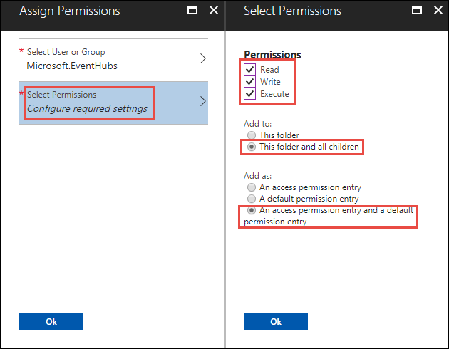 Screenshot of the Assign Permissions section with the Select Permissions option called out. The Select Permissions section is next to it with the Read, Write, and Execute options, the Add to option, and the Add as option called out.