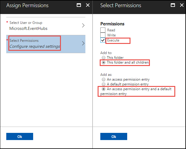 Screenshot of the Assign Permissions section with the Select Permissions option called out. The Select Permissions section is next to it with the Execute option, Add to option, and Add as option called out.