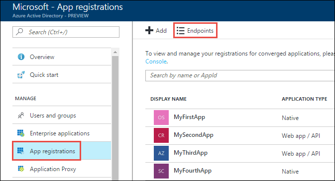 Screenshot of Active Directory with the App registrations option and the Endpoints option called out.