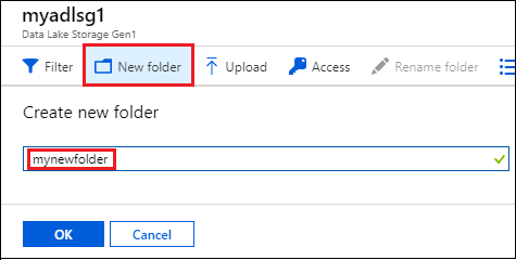 Screenshot of the Data Explorer blade with the New folder option and the Create new folder text box called out.