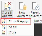Screenshot of the Home ribbon with the close and Apply option called out.