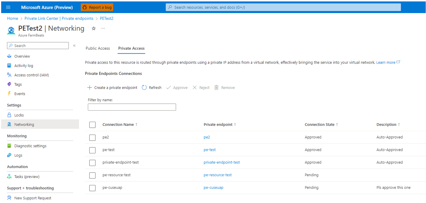 Screenshot showing list of private endpoint connections in Azure portal.