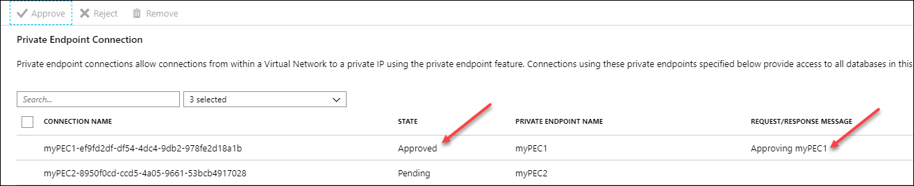 Screenshot showing private endpoint connection status.
