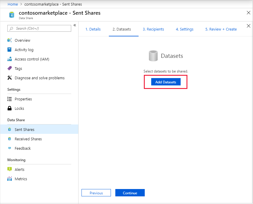 Screenshot of the datasets page in share creation, the add datasets button is highlighted.