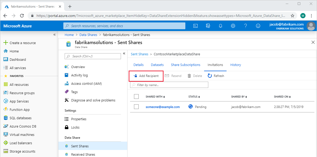 Add recipients in Azure Data Share | Microsoft Learn