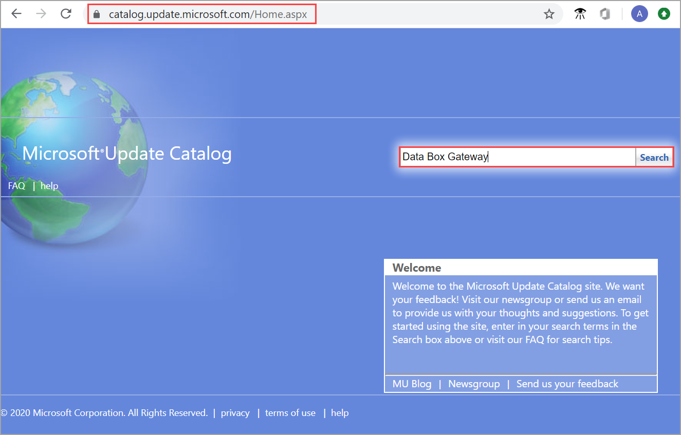 Screenshot of the Microsoft Update Catalog in a browser window with Data Box Gateway typed into the search text box. Both the browser's address bar and the Search text box are called out.