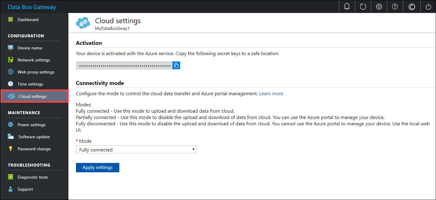 Local web UI "Cloud settings" page updated