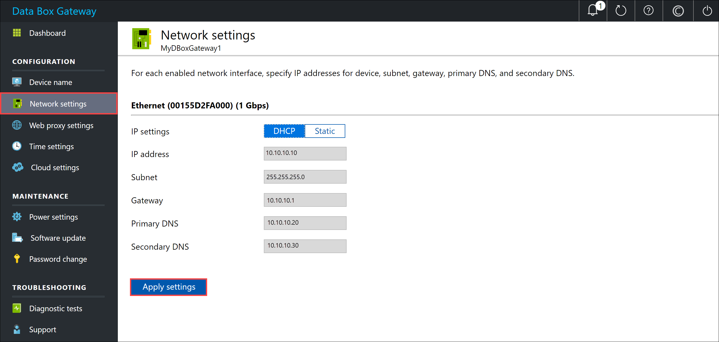 Local web UI "Network settings" page