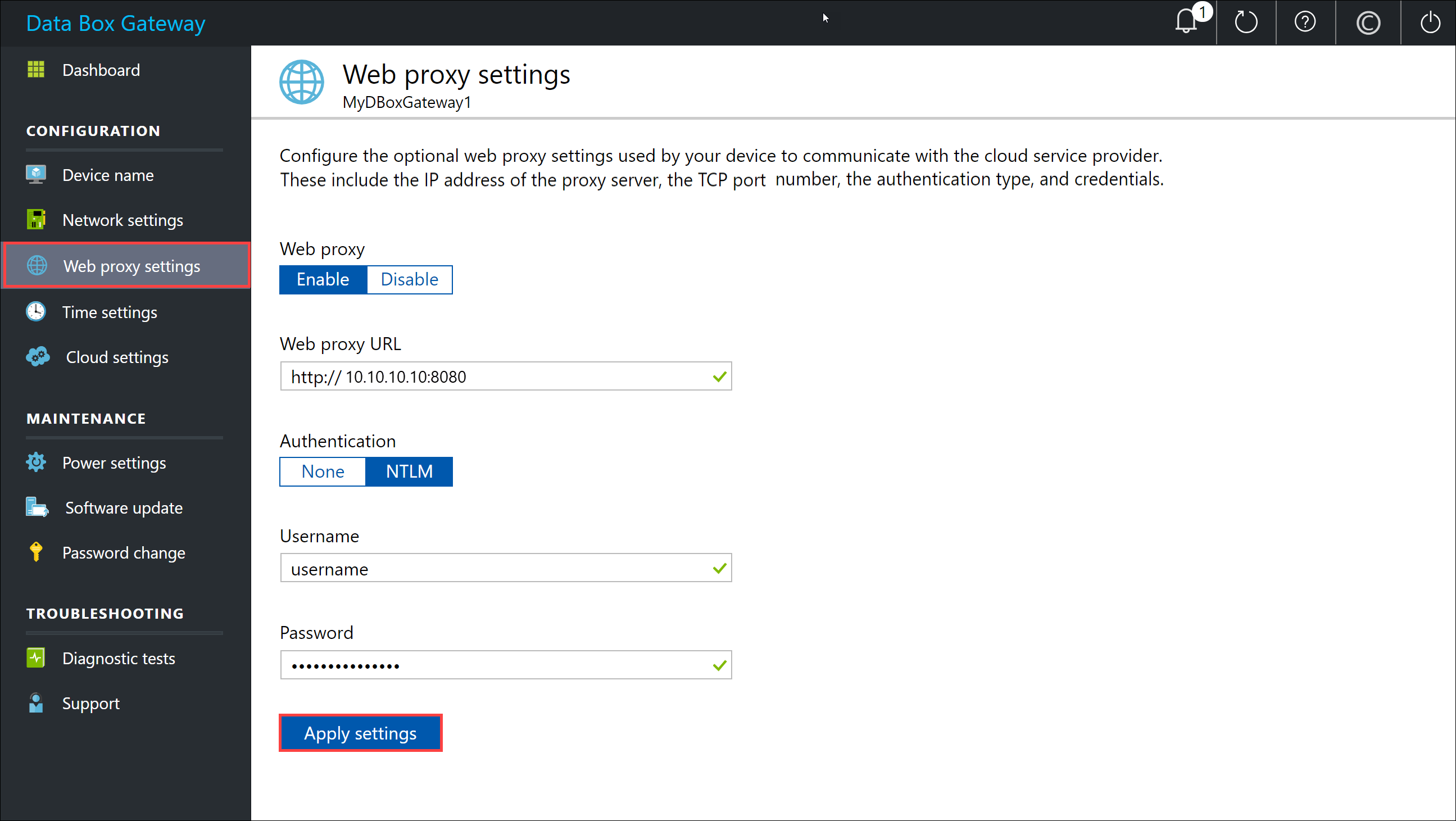 Local web UI "Web proxy settings" page