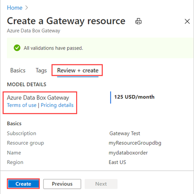 Data Box Gateway resource details displayed for review