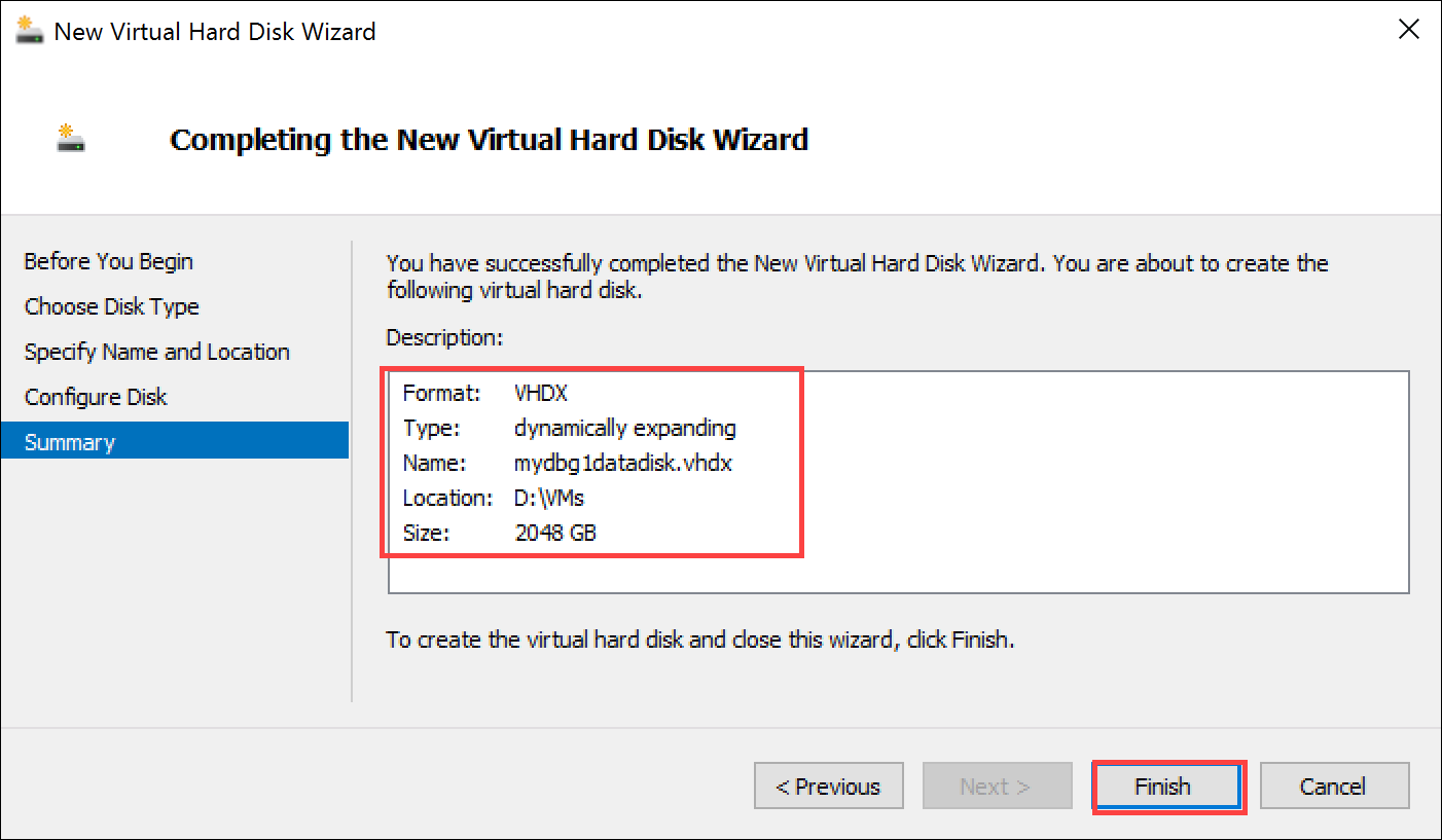 Completing the New Virtual Hard Disk Wizard page
