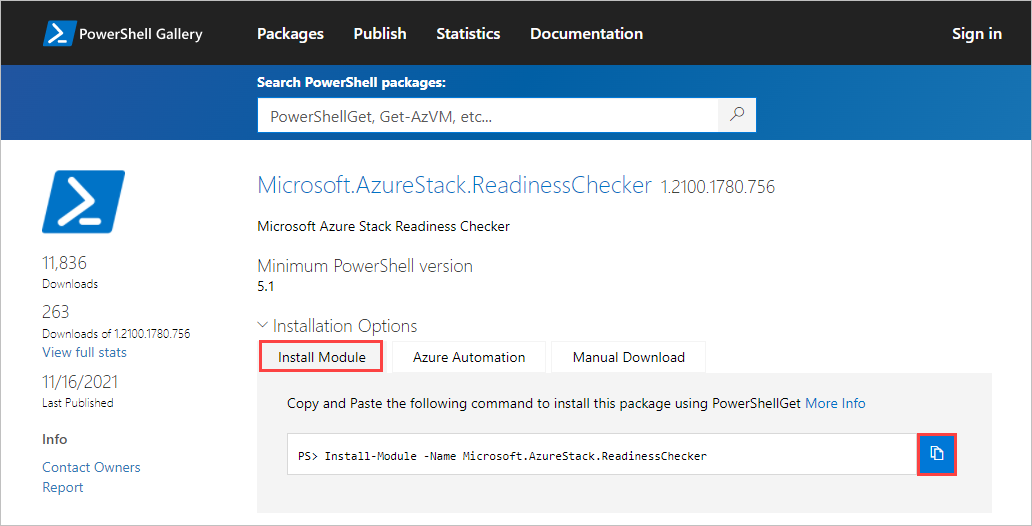 Screenshot showing the download page for the Azure Stack Edge Network Readiness Checker tool. The Install Module tab and the Copy icon are highlighted.