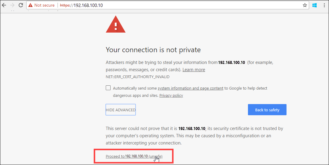Website security certificate error message for 2-node device