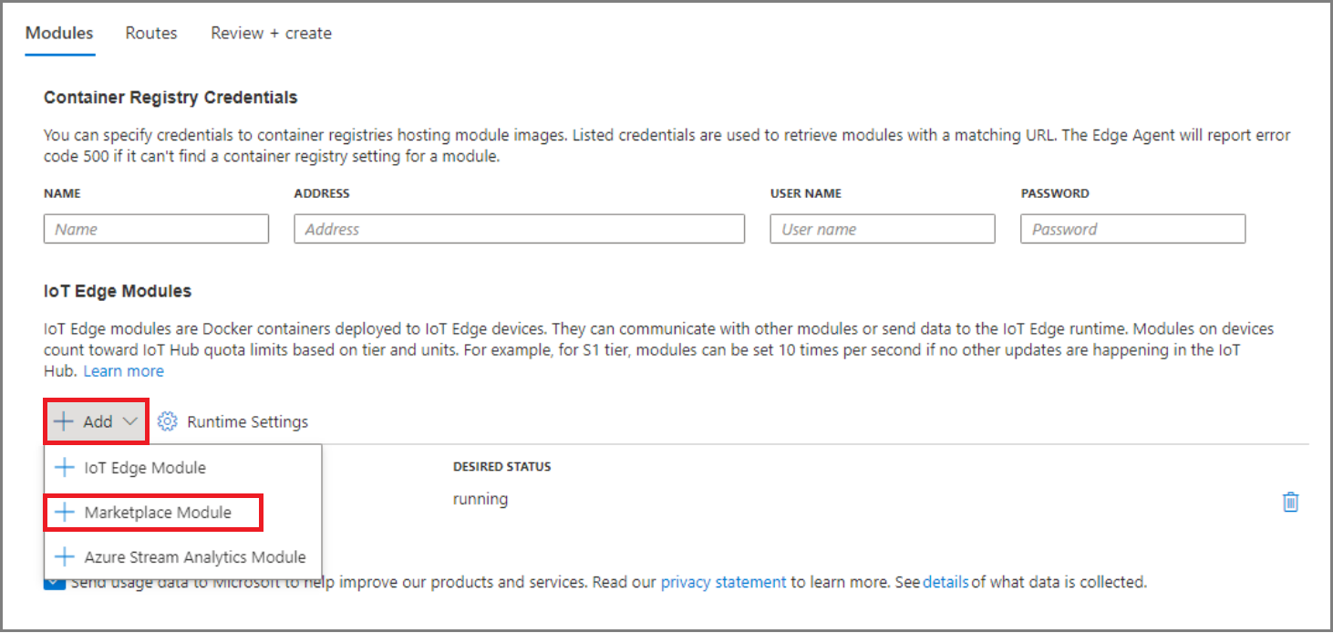 Screenshot of the Azure portal, Marketplace Module, Add Marketplace Module selection.