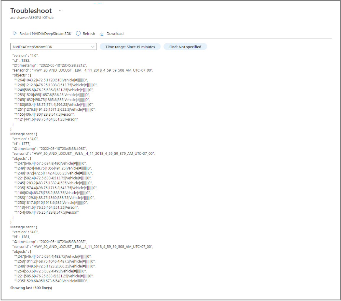 Screenshot of the Azure portal, NVIDIA DeepStream SDK log file output.