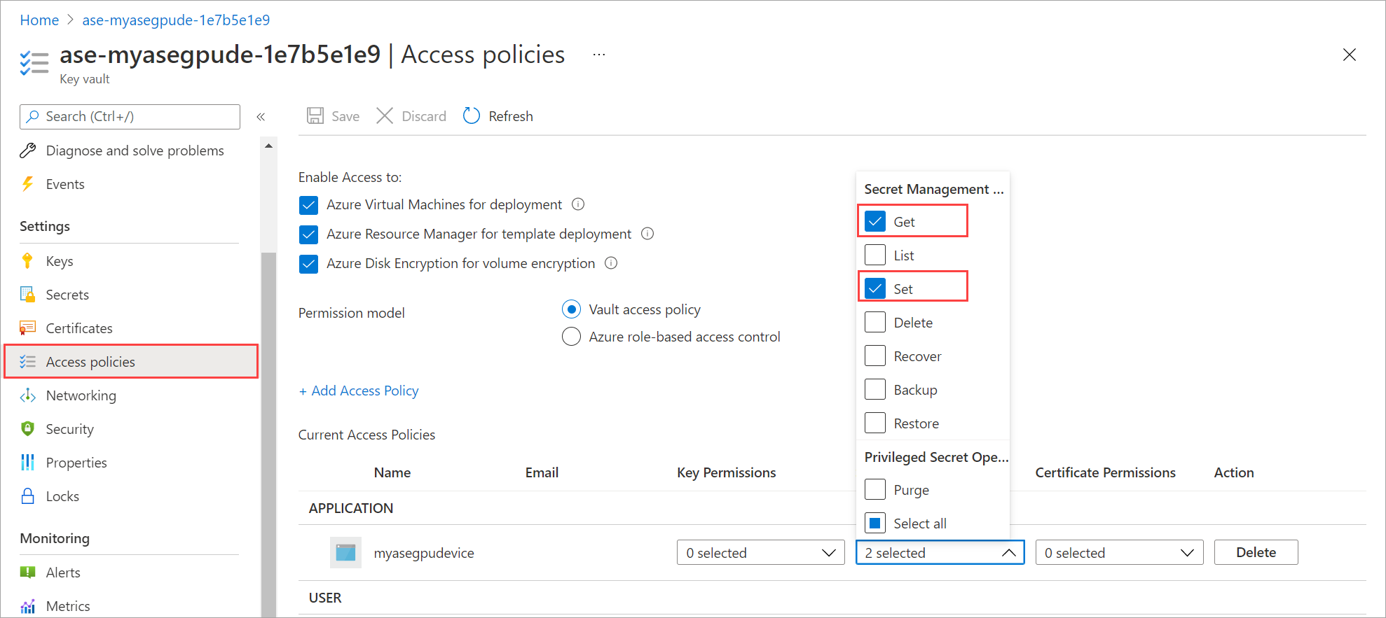 View access policies for key vault